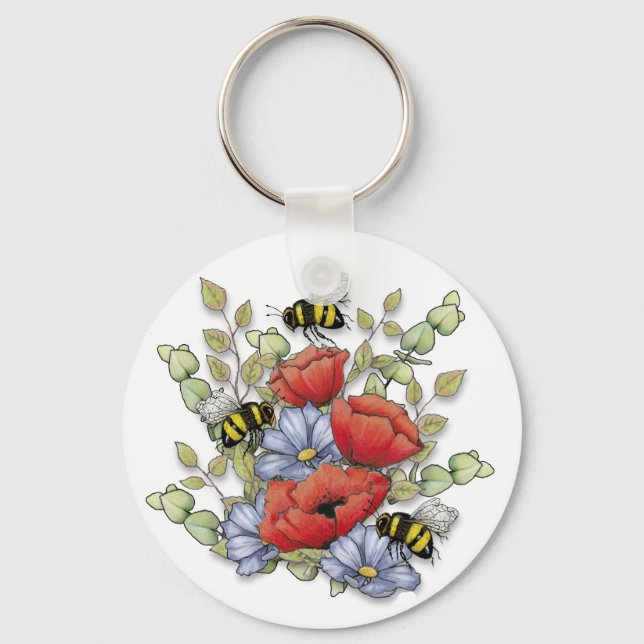 Poppy Flowers and Bees Digital Drawing, Botanical  Keychain (Front)