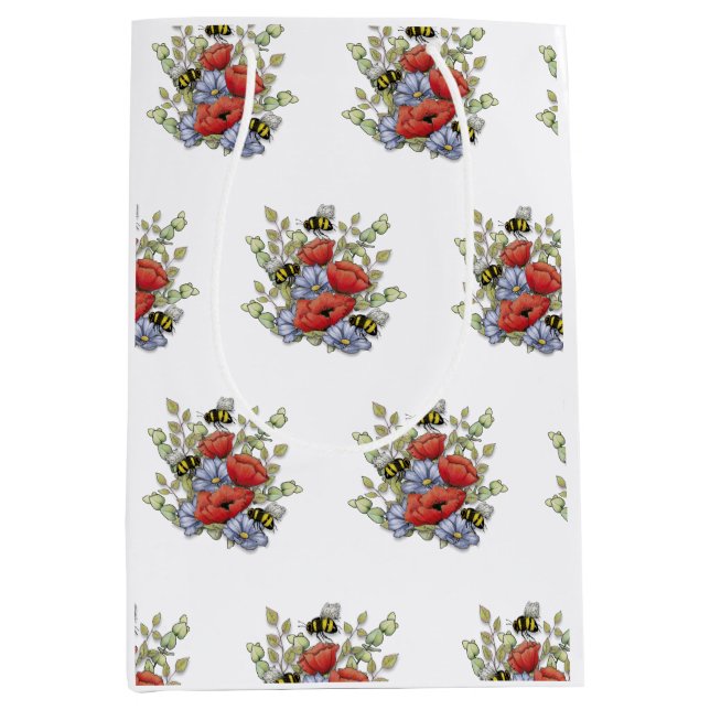 Poppy Flowers and Bees Digital Drawing, Botanical  Medium Gift Bag (Front)