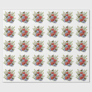Poppy Flowers and Bees Digital Drawing, Botanical Wrapping Paper