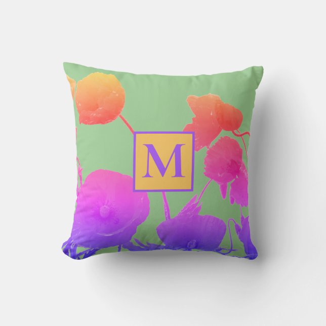Poppy Flowers Art Abstract Monogram Initial Floral Outdoor Pillow (Front)