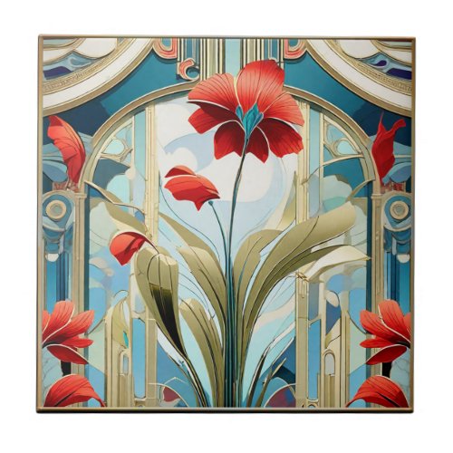 Poppy Flowers Art Deco Design Ceramic Tile