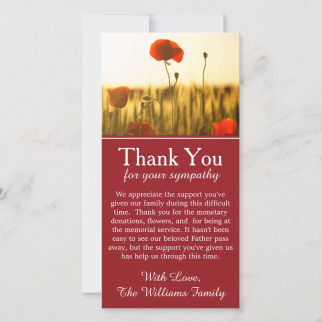 Poppy Flowers Bereavement Memorial Thank You Card (Front)