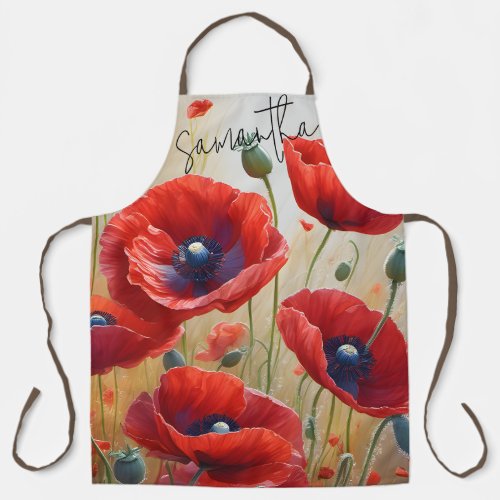 Poppy Flowers Blossom Personalized Name Kitchen Apron
