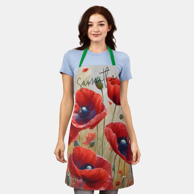Poppy Flowers Blossom Personalized Novelty Kitchen Apron (Worn)