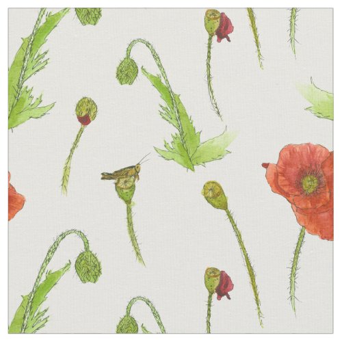 Poppy Flowers Botanical Illustration Red Floral Fabric