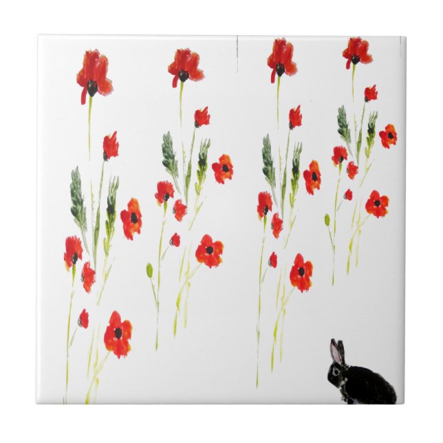 Poppy Flowers Bunny Rabbit Ceramic Tile (Front)