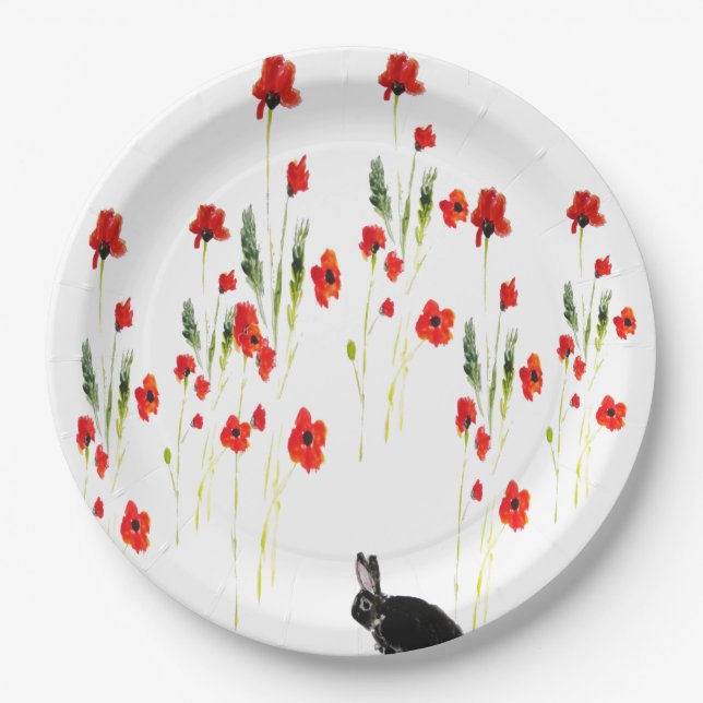 Poppy Flowers Bunny Rabbit Floral Paper Plates (Front)