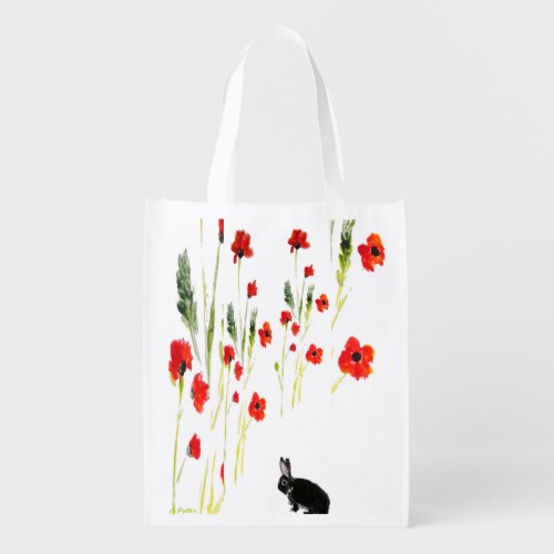 Poppy Flowers Bunny Rabbit Reusable Grocery Bag