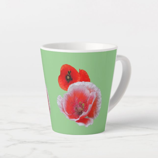 Poppy Flowers Close up Cust. Green Latte Mug (Right Angle)