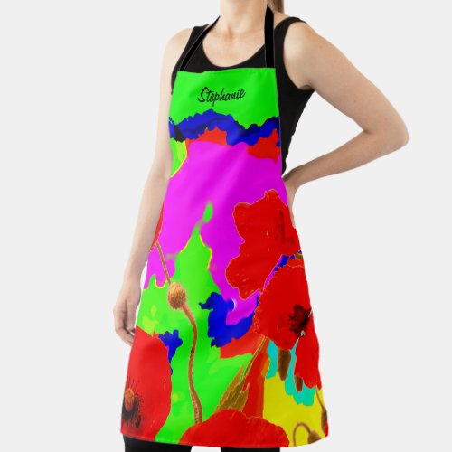 Poppy Flowers Colorful Artsy Floral Custom Name Apron