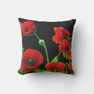 Poppy Flowers Colorful Floral Abstract Red Black Outdoor Pillow