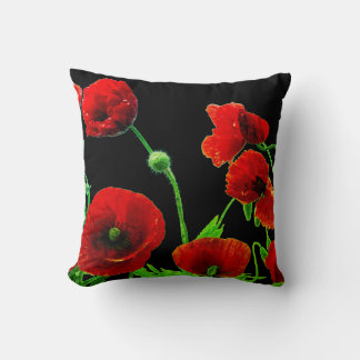 Poppy Flowers Colorful Floral Abstract Red Black Throw Pillow