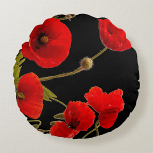 Poppy Flowers Colorful Red Floral Abstract Black Round Pillow