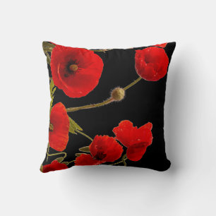 Poppy Flowers Colorful Red Floral Abstract Black Throw Pillow
