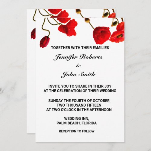 Poppy Flowers Floral Red White Cool Trendy Wedding Invitation