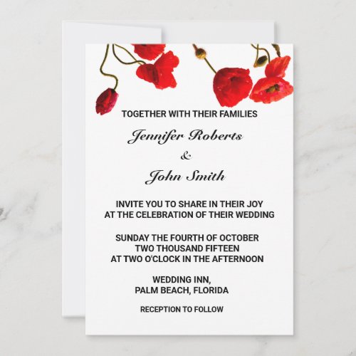 Poppy Flowers Floral Red White Cool Trendy Wedding Invitation