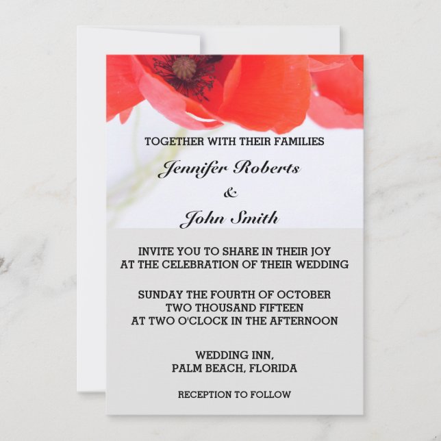 Poppy Flowers Floral Red White Grey Trendy Wedding Invitation (Front)