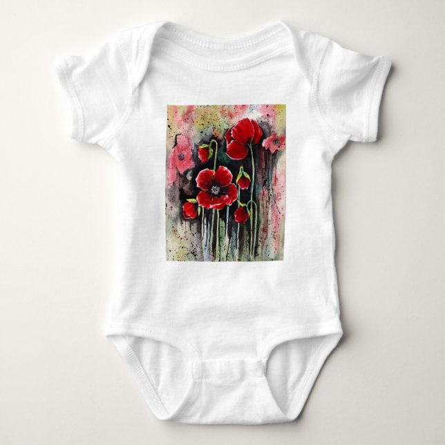 Poppy Flowers In Watercolor   Baby Bodysuit (Front)