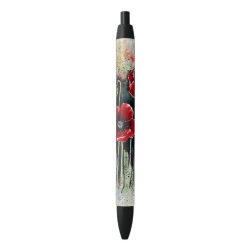 Poppy Flowers In Watercolor  Black Ink Pen