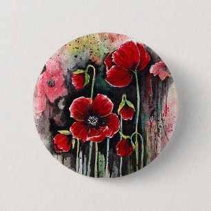 Poppy  Flowers In Watercolor Button