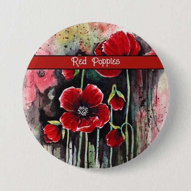 Poppy  Flowers In Watercolor Button (Front)