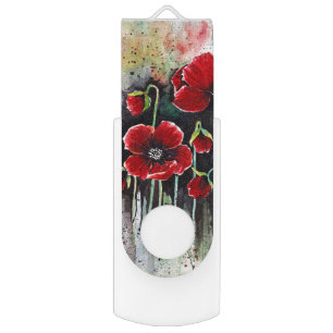 Poppy Flowers In Watercolor Flash Drive