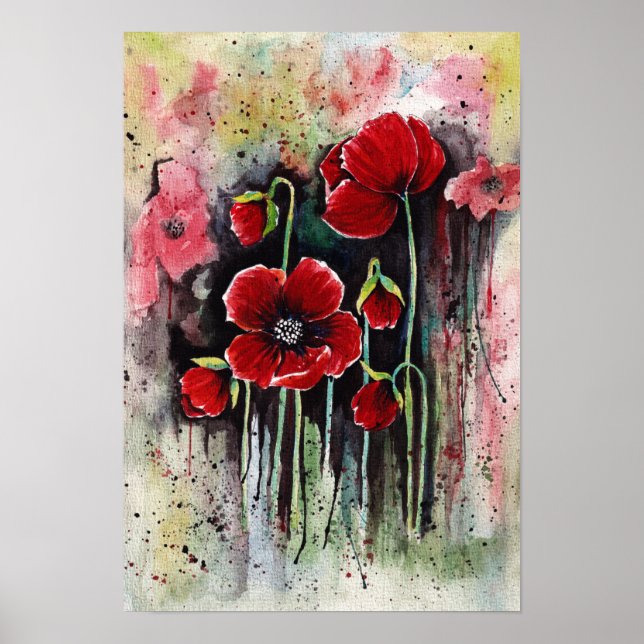 Poppy Flowers In Watercolor   Poster (Front)
