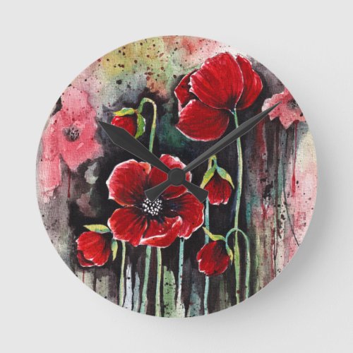Poppy Flowers In Watercolor  Round Clock