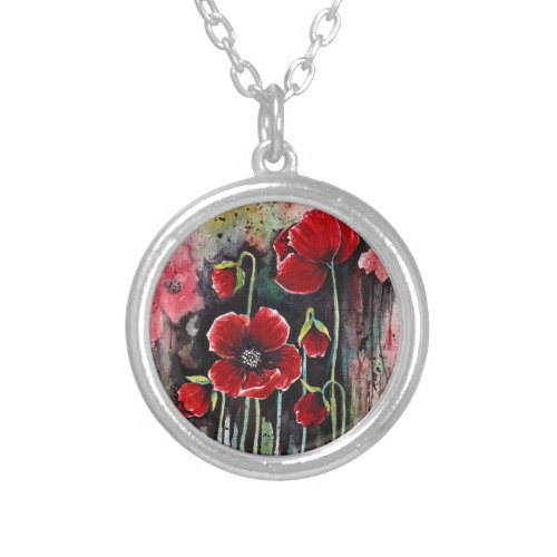 Poppy Flowers In Watercolor  Silver Plated Necklace