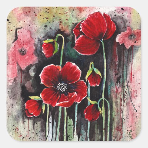 Poppy Flowers In Watercolor  Square Sticker