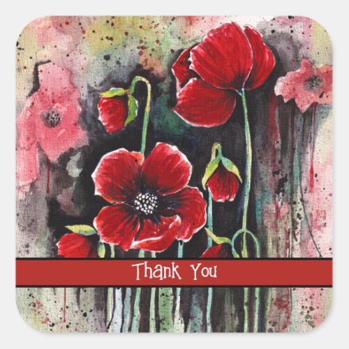 Poppy Flowers In Watercolor  Square Sticker