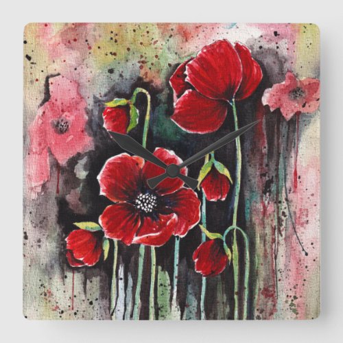 Poppy Flowers In Watercolor  Square Wall Clock
