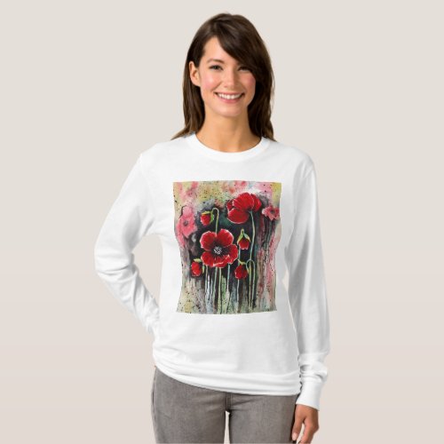 Poppy Flowers In Watercolor  T_Shirt