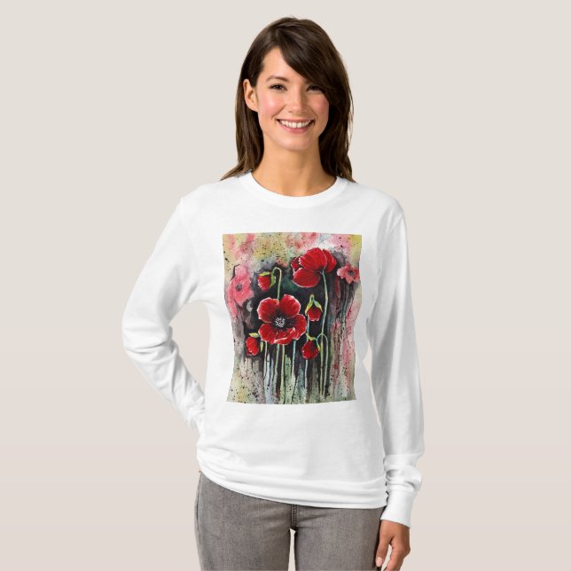 Poppy Flowers In Watercolor  T-Shirt (Front Full)