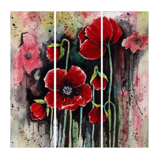 Poppy Flowers In Watercolor  Triptych