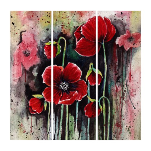 Poppy Flowers In Watercolor  Triptych