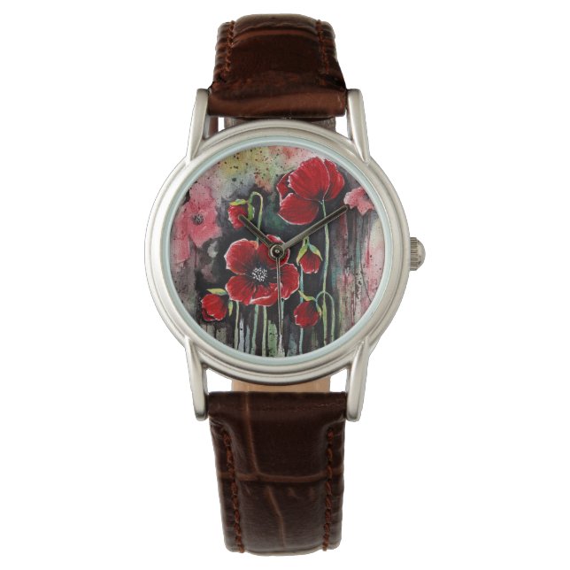 Poppy Flowers In Watercolor  Watch (Front)