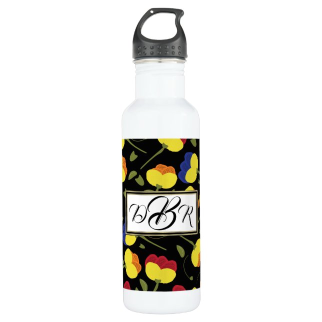 Poppy Flowers Monogram Stainless Steel Water Bottle (Front)