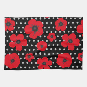 Poppy Flowers on Black and White Spots Kitchen Towel