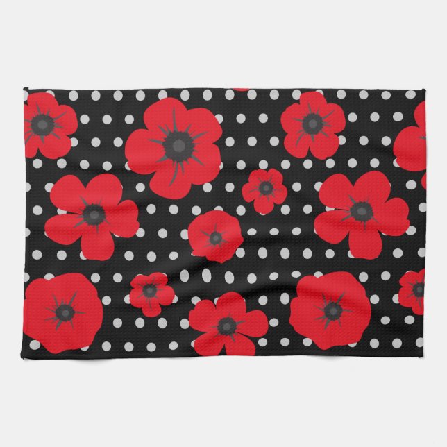 Poppy Flowers on Black and White Spots Kitchen Towel (Horizontal)