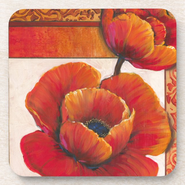 Poppy Flowers on Tan and Orange Background Drink Coaster (Front)