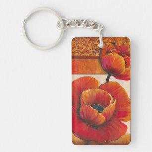Poppy Flowers on Tan and Orange Background Keychain