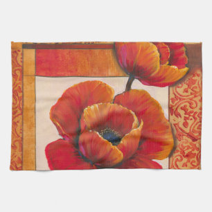 Poppy Flowers on Tan and Orange Background Kitchen Towel