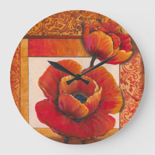 Poppy Flowers on Tan and Orange Background Large Clock