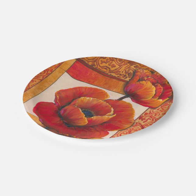 Poppy Flowers on Tan and Orange Background Paper Plates (Angled)