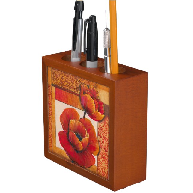 Poppy Flowers on Tan and Orange Background Pencil Holder (In Situ)
