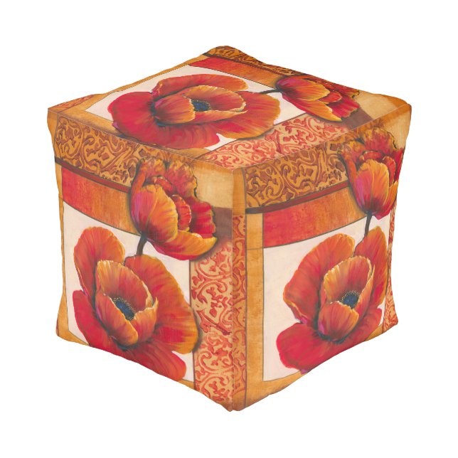 Poppy Flowers on Tan and Orange Background Pouf (Angled Front)