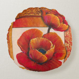 Poppy Flowers on Tan and Orange Background Round Pillow