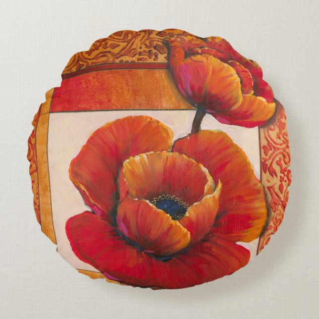 Poppy Flowers on Tan and Orange Background Round Pillow (Front)