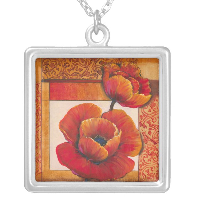 Poppy Flowers on Tan and Orange Background Silver Plated Necklace (Front)